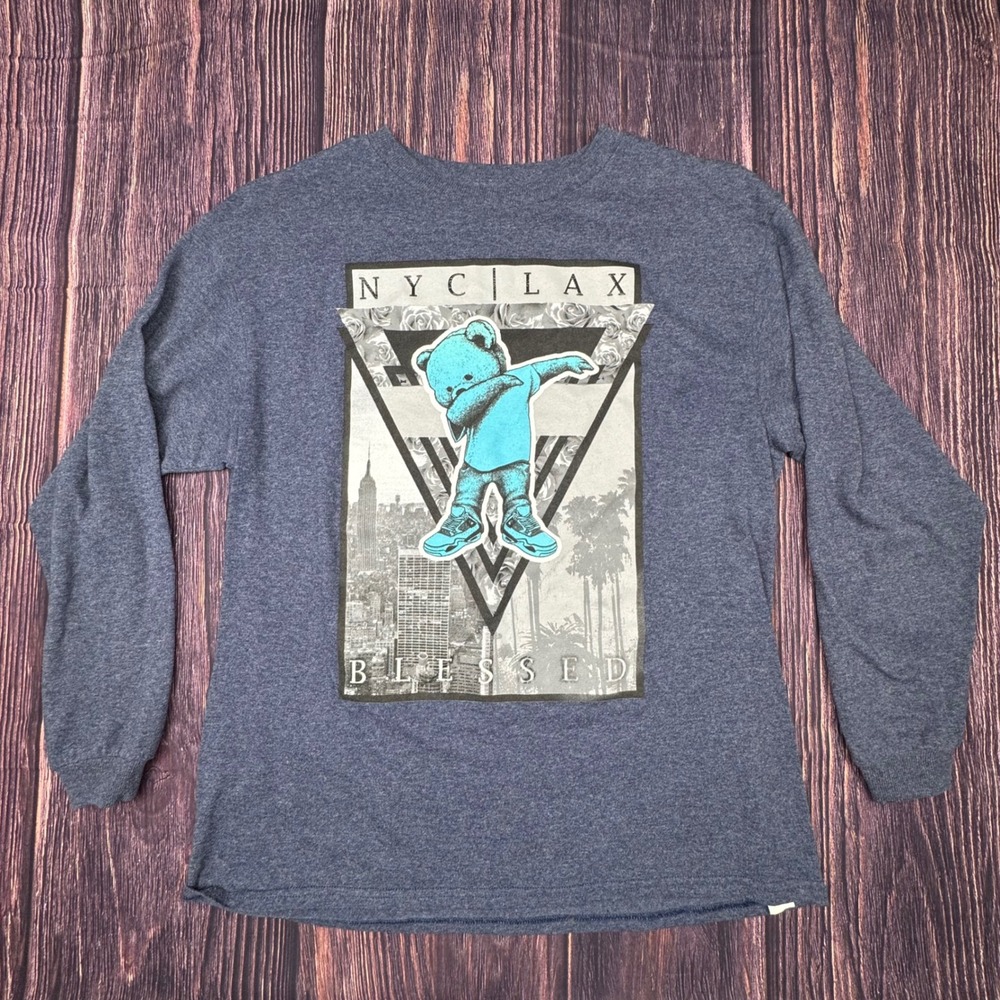 Hard Ten Blessed NYC LAX Dabbing Teddy Bear Gray Long Sleeve Graphic Tee